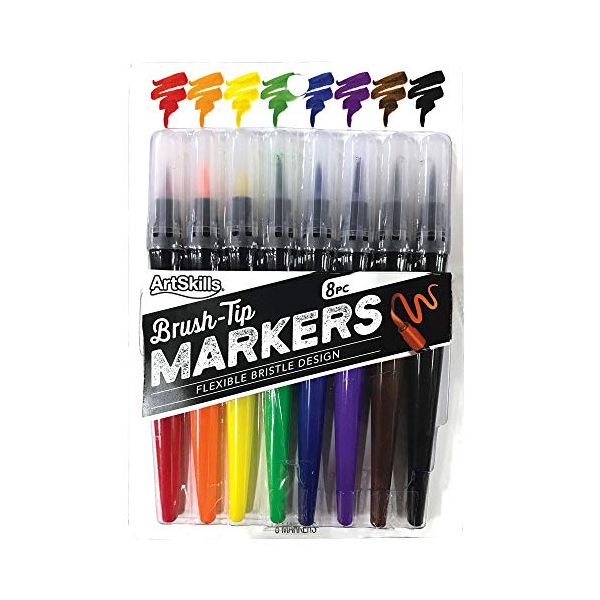 Crafter's Closet Dual End Brush Tip Marker Pen Set, Fine and Brush Tips, 8  Bright Colors