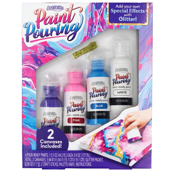 Made By Me Sparkling Pour Painting Set, 14-Piece Paint Set, Pour Painting  Supplies, Paint Pouring Kit, Pour Paint for Kids, Includes 5 Pour Paints, 